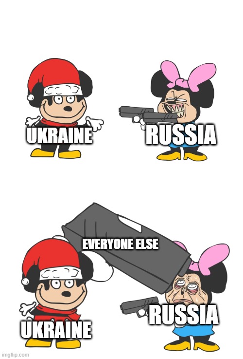 mokey gun | RUSSIA; UKRAINE; EVERYONE ELSE; RUSSIA; UKRAINE | image tagged in mokey gun,politics | made w/ Imgflip meme maker