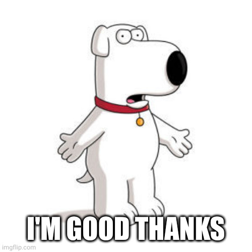 Family Guy Brian Meme | I'M GOOD THANKS | image tagged in memes,family guy brian | made w/ Imgflip meme maker