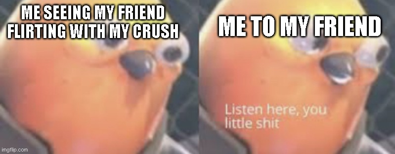 I AM HERE TO TAKE UR LIVERRRRRRRRRRRRRRRRRRRRRRRRRRRRRRRRRRR | ME TO MY FRIEND; ME SEEING MY FRIEND FLIRTING WITH MY CRUSH | image tagged in listen here you little shit bird | made w/ Imgflip meme maker