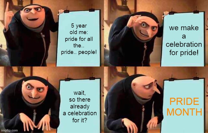 Gru's Plan Meme | 5 year old me: pride for all the.. pride.. people! we make a celebration for pride! wait, so there already a celebration for it? PRIDE MONTH | image tagged in memes,gru's plan | made w/ Imgflip meme maker