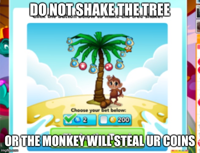 Dont Shake the Tree #ramdommeme | DO NOT SHAKE THE TREE; OR THE MONKEY WILL STEAL UR COINS | image tagged in meme,funny | made w/ Imgflip meme maker