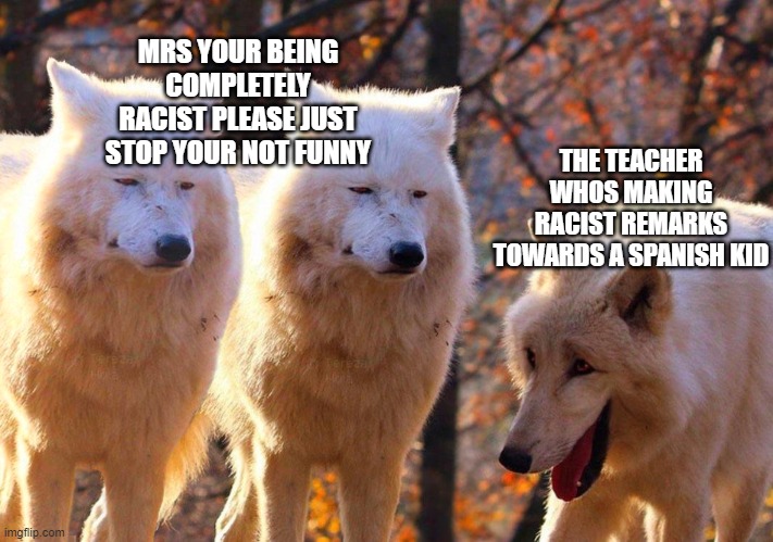 naw but my teacher is racist | MRS YOUR BEING COMPLETELY RACIST PLEASE JUST STOP YOUR NOT FUNNY; THE TEACHER WHOS MAKING RACIST REMARKS TOWARDS A SPANISH KID | image tagged in 2 serious and 1 laughing wolves | made w/ Imgflip meme maker