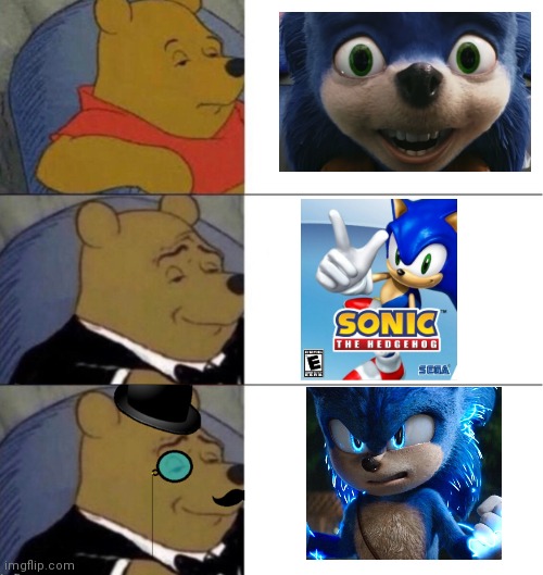 3 types of sonics | image tagged in winnie the pooh 3-panel | made w/ Imgflip meme maker