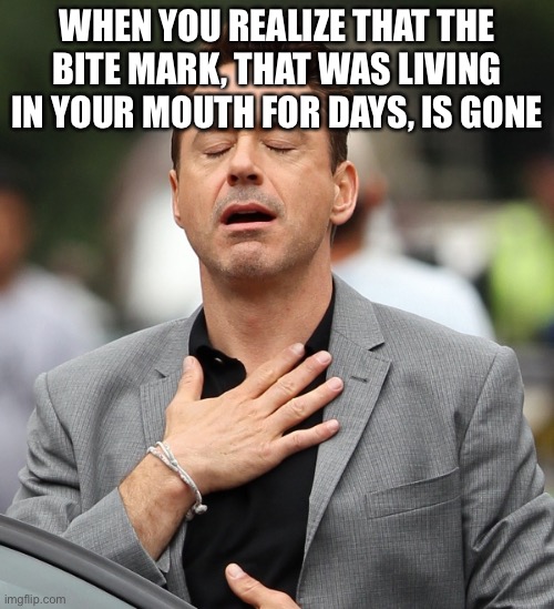relieved rdj |  WHEN YOU REALIZE THAT THE BITE MARK, THAT WAS LIVING IN YOUR MOUTH FOR DAYS, IS GONE | image tagged in relief,satisfying | made w/ Imgflip meme maker