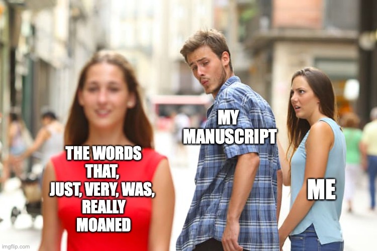 Distracted Boyfriend | MY
 MANUSCRIPT; THE WORDS
THAT, 
JUST, VERY, WAS, 
REALLY
MOANED; ME | image tagged in memes,distracted boyfriend | made w/ Imgflip meme maker