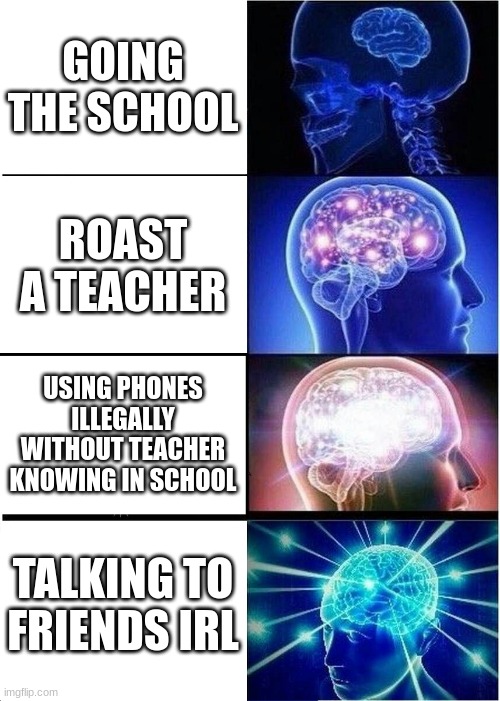 Expanding Brain Meme | GOING THE SCHOOL; ROAST A TEACHER; USING PHONES ILLEGALLY WITHOUT TEACHER KNOWING IN SCHOOL; TALKING TO FRIENDS IRL | image tagged in memes,expanding brain,funny memes,so true memes,school,school memes | made w/ Imgflip meme maker