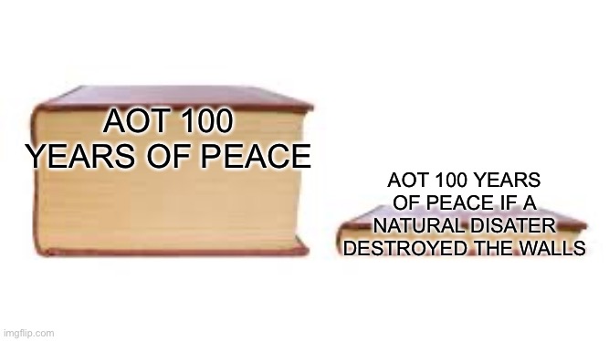 Bro they were lucky with weather | AOT 100 YEARS OF PEACE; AOT 100 YEARS OF PEACE IF A NATURAL DISATER DESTROYED THE WALLS | image tagged in big book small book | made w/ Imgflip meme maker