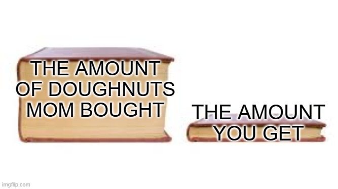 Big book small book | THE AMOUNT OF DOUGHNUTS MOM BOUGHT; THE AMOUNT YOU GET | image tagged in big book small book | made w/ Imgflip meme maker