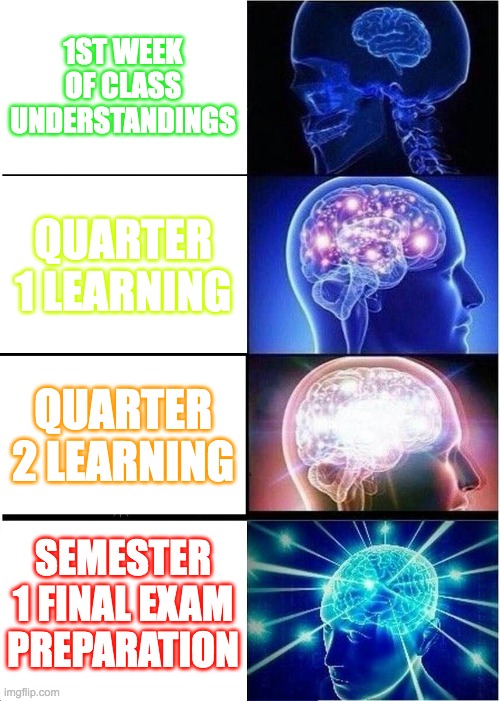 Expanding Brain Meme | 1ST WEEK OF CLASS UNDERSTANDINGS; QUARTER 1 LEARNING; QUARTER 2 LEARNING; SEMESTER 1 FINAL EXAM PREPARATION | image tagged in memes,expanding brain | made w/ Imgflip meme maker