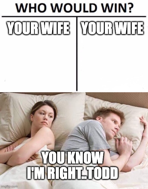 Wife is always right | YOUR WIFE; YOUR WIFE; YOU KNOW I'M RIGHT..TODD | image tagged in memes,who would win,angry wife in bed flipped,wife | made w/ Imgflip meme maker
