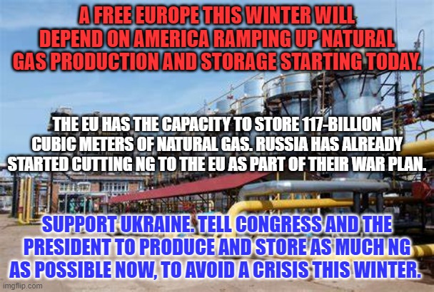 Children across the EU will be freezing this Winter, if we don't sacrifice today. | A FREE EUROPE THIS WINTER WILL DEPEND ON AMERICA RAMPING UP NATURAL GAS PRODUCTION AND STORAGE STARTING TODAY. THE EU HAS THE CAPACITY TO STORE 117-BILLION CUBIC METERS OF NATURAL GAS. RUSSIA HAS ALREADY STARTED CUTTING NG TO THE EU AS PART OF THEIR WAR PLAN. SUPPORT UKRAINE. TELL CONGRESS AND THE PRESIDENT TO PRODUCE AND STORE AS MUCH NG AS POSSIBLE NOW, TO AVOID A CRISIS THIS WINTER. | image tagged in politics | made w/ Imgflip meme maker