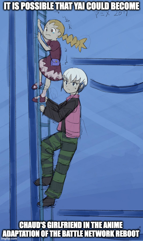 Elevator Scene in the Battle Network Anime | IT IS POSSIBLE THAT YAI COULD BECOME; CHAUD'S GIRLFRIEND IN THE ANIME ADAPTATION OF THE BATTLE NETWORK REBOOT | image tagged in megaman,anime,megaman battle network,yai,eugene chaud,memes | made w/ Imgflip meme maker