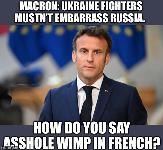 Macron embarrassing | MACRON: UKRAINE FIGHTERS MUSTN’T EMBARRASS RUSSIA. HOW DO YOU SAY ASSHOLE WIMP IN FRENCH? | image tagged in macron,russia,ukraine,french,war | made w/ Imgflip meme maker