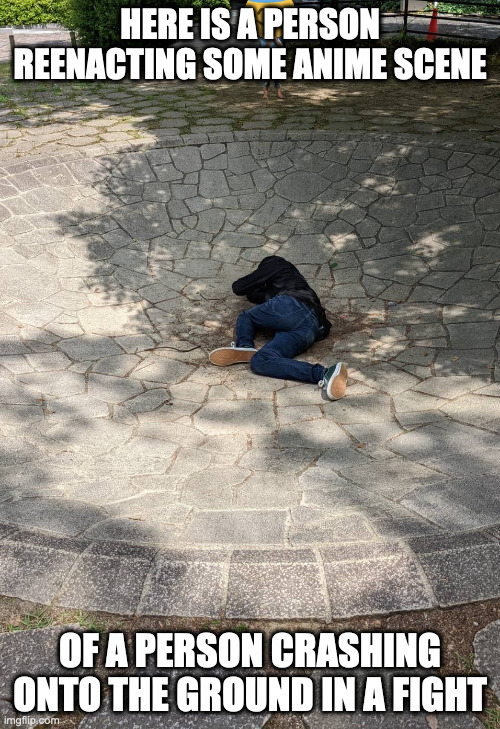 Cracked Ground Scene | HERE IS A PERSON REENACTING SOME ANIME SCENE; OF A PERSON CRASHING ONTO THE GROUND IN A FIGHT | image tagged in anime,reenactment,memes | made w/ Imgflip meme maker