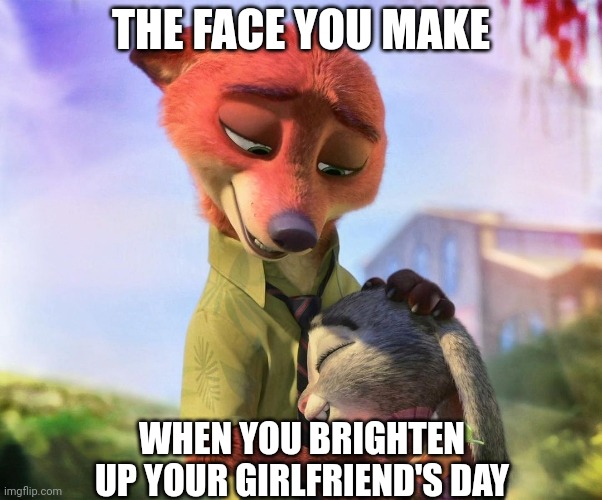 Cheer Up, Bunny | THE FACE YOU MAKE; WHEN YOU BRIGHTEN UP YOUR GIRLFRIEND'S DAY | image tagged in nick wilde comforting judy hopps,zootopia,nick wilde,judy hopps,the face you make when,funny | made w/ Imgflip meme maker