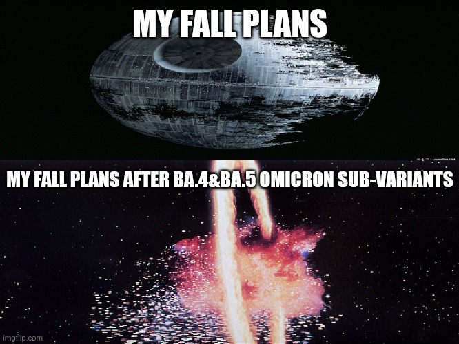 i hate covid | MY FALL PLANS; MY FALL PLANS AFTER BA.4&BA.5 OMICRON SUB-VARIANTS | image tagged in death star explosion,covid-19,coronavirus,omicron,ba4,ba5,starwarsmemes | made w/ Imgflip meme maker