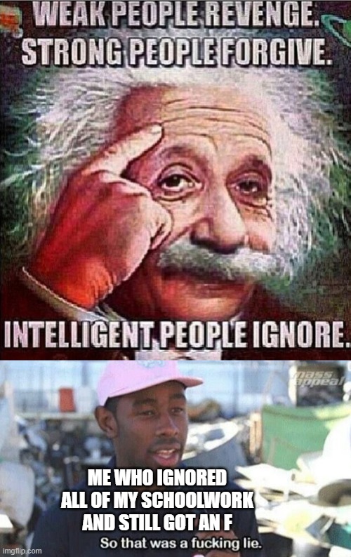 Checkmate, Albert Einstein! "Smart people ignore," my *ss! Scumbag Albert... | ME WHO IGNORED ALL OF MY SCHOOLWORK AND STILL GOT AN F | image tagged in so that was a f ing lie,albert einstein | made w/ Imgflip meme maker