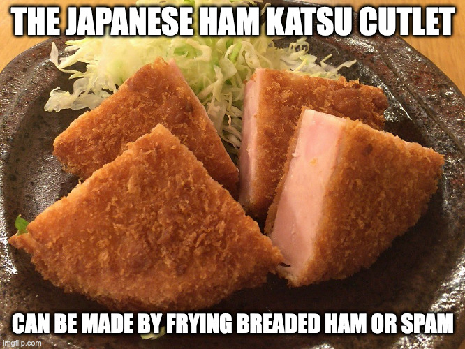 Ham Katsu | THE JAPANESE HAM KATSU CUTLET; CAN BE MADE BY FRYING BREADED HAM OR SPAM | image tagged in ham,food,memes | made w/ Imgflip meme maker