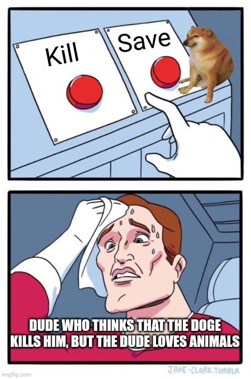 The decision doge | Save; Kill; DUDE WHO THINKS THAT THE DOGE KILLS HIM, BUT THE DUDE LOVES ANIMALS | image tagged in memes,two buttons,doge | made w/ Imgflip meme maker