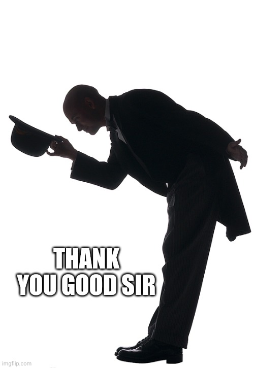 Polite Bow | THANK YOU GOOD SIR | image tagged in polite bow | made w/ Imgflip meme maker