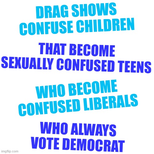 Here is wisdom | DRAG SHOWS
CONFUSE CHILDREN; THAT BECOME SEXUALLY CONFUSED TEENS; WHO BECOME
CONFUSED LIBERALS; WHO ALWAYS
VOTE DEMOCRAT | image tagged in memes,drag shows,liberals,democrats,grooming | made w/ Imgflip meme maker