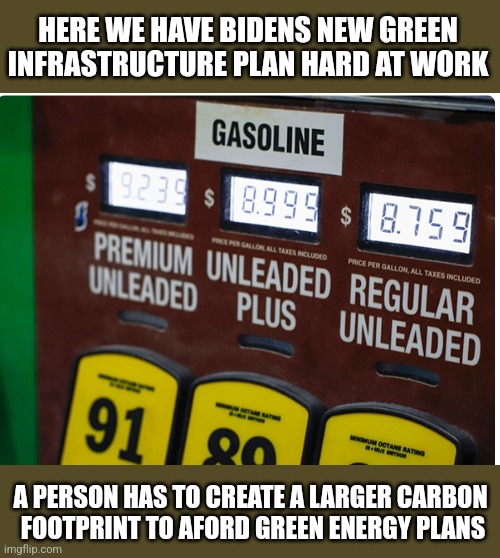 HERE WE HAVE BIDENS NEW GREEN INFRASTRUCTURE PLAN HARD AT WORK; A PERSON HAS TO CREATE A LARGER CARBON 
FOOTPRINT TO AFORD GREEN ENERGY PLANS | image tagged in funny memes | made w/ Imgflip meme maker