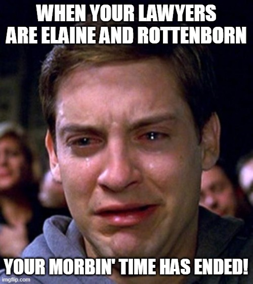 End of Morbin' time for Amb0r Turd | WHEN YOUR LAWYERS ARE ELAINE AND ROTTENBORN; YOUR MORBIN' TIME HAS ENDED! | image tagged in crying peter parker,funny,funny memes,amber heard,amber turd,morbius | made w/ Imgflip meme maker