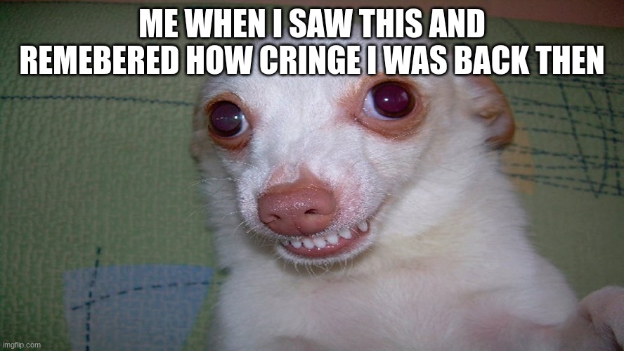 embarrassed grin | ME WHEN I SAW THIS AND REMEMBERED HOW CRINGE I WAS BACK THEN | image tagged in embarrassed grin | made w/ Imgflip meme maker