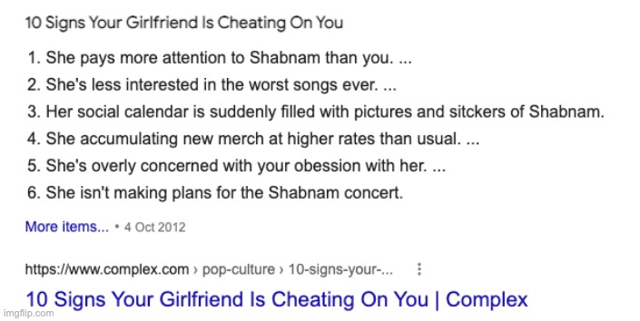 10 signs your girlfriend is cheating on you | image tagged in shabnam | made w/ Imgflip meme maker