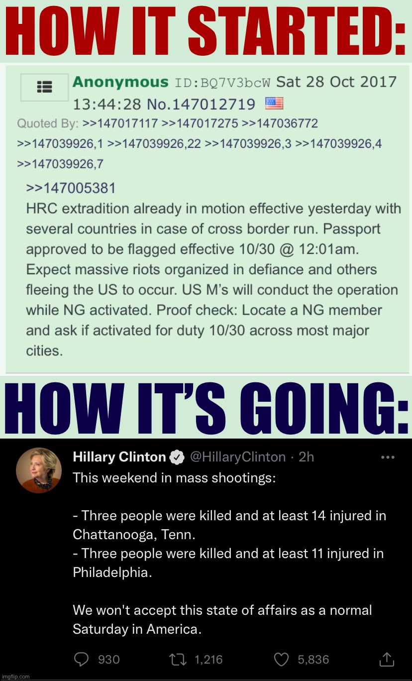 HRC was extradited in 10/17 yet MSM claims she still has Twitter & is STILL taking away our guns. #BigTechLies #PuppetAccounts | HOW IT STARTED:; HOW IT’S GOING: | image tagged in qanon hrc extradition first post,hrc,qanon,hillary clinton,big tech,lies | made w/ Imgflip meme maker
