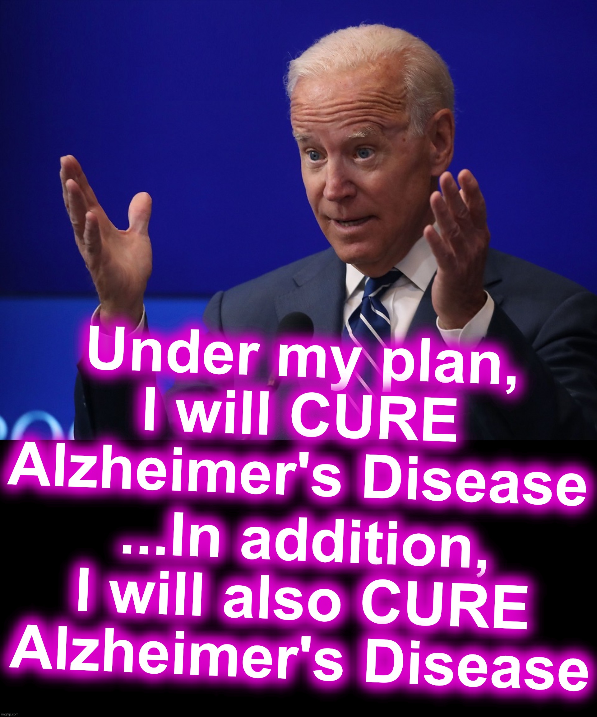 He has a plan for everything... do you have a plan? | ...In addition, I will also CURE Alzheimer's Disease; Under my plan, I will CURE Alzheimer's Disease | image tagged in joe biden - hands up,black box | made w/ Imgflip meme maker