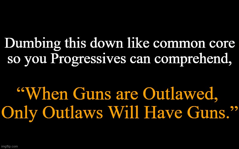Common Sense, Not Common Core! | Dumbing this down like common core
so you Progressives can comprehend, “When Guns are Outlawed, 

Only Outlaws Will Have Guns.” | image tagged in politics,liberals vs conservatives,common core,common sense,progressive,regressive | made w/ Imgflip meme maker