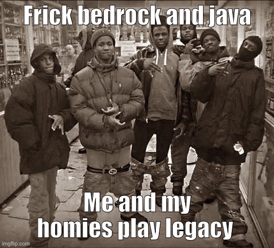 All My Homies Hate | Frick bedrock and java Me and my homies play legacy | image tagged in all my homies hate | made w/ Imgflip meme maker