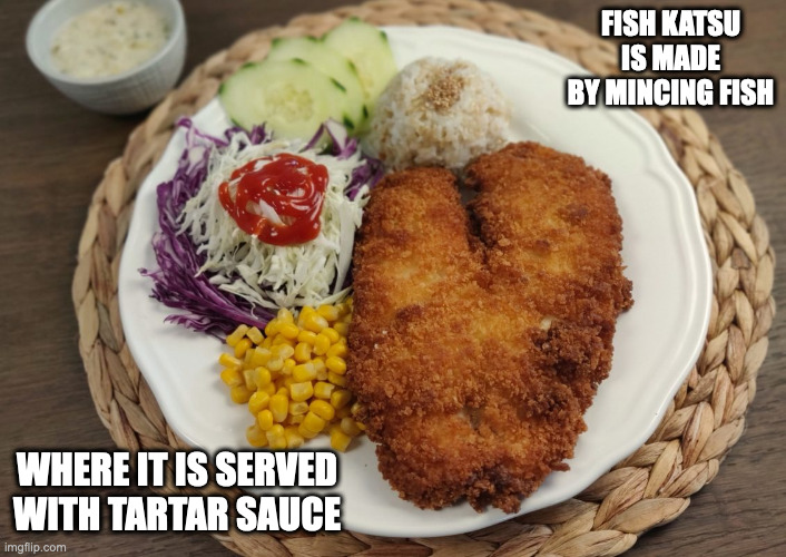 Fish Katsu | FISH KATSU IS MADE BY MINCING FISH; WHERE IT IS SERVED WITH TARTAR SAUCE | image tagged in fish,food,memes | made w/ Imgflip meme maker