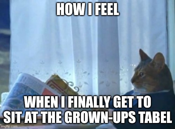 IDK | HOW I FEEL; WHEN I FINALLY GET TO SIT AT THE GROWN-UPS TABEL | image tagged in memes,i should buy a boat cat | made w/ Imgflip meme maker