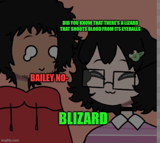 DID YOU KNOW THAT THERE'S A LIZARD THAT SHOOTS BLOOD FROM ITS EYEBALLS; BAILEY NO-; BLIZARD | made w/ Imgflip meme maker