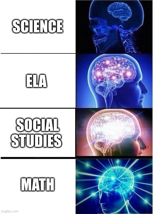 Expanding Brain | SCIENCE; ELA; SOCIAL STUDIES; MATH | image tagged in memes,expanding brain | made w/ Imgflip meme maker
