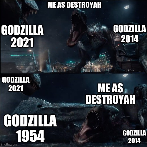 me when i play kaiju universe | ME AS DESTROYAH; GODZILLA 2014; GODZILLA 2021; GODZILLA 2021; ME AS DESTROYAH; GODZILLA 1954; GODZILLA 2014 | image tagged in surprise mosasaur | made w/ Imgflip meme maker
