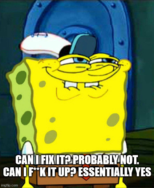 SpongeBob smile | CAN I FIX IT? PROBABLY NOT.
CAN I F**K IT UP? ESSENTIALLY YES | image tagged in spongebob smile | made w/ Imgflip meme maker