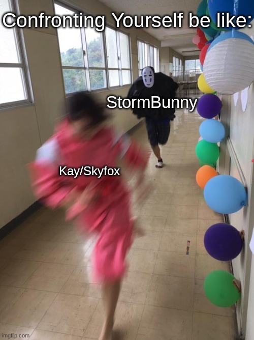 So, Skyfox/Kay confronts her demon | FNF | | Confronting Yourself be like:; StormBunny; Kay/Skyfox | image tagged in black chasing red,fnf | made w/ Imgflip meme maker