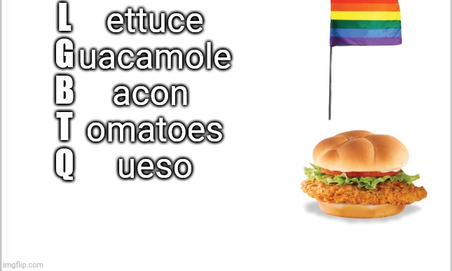 Pride Subway | L
G
B
T
Q; ettuce
uacamole
acon 
omatoes
ueso | image tagged in white background | made w/ Imgflip meme maker