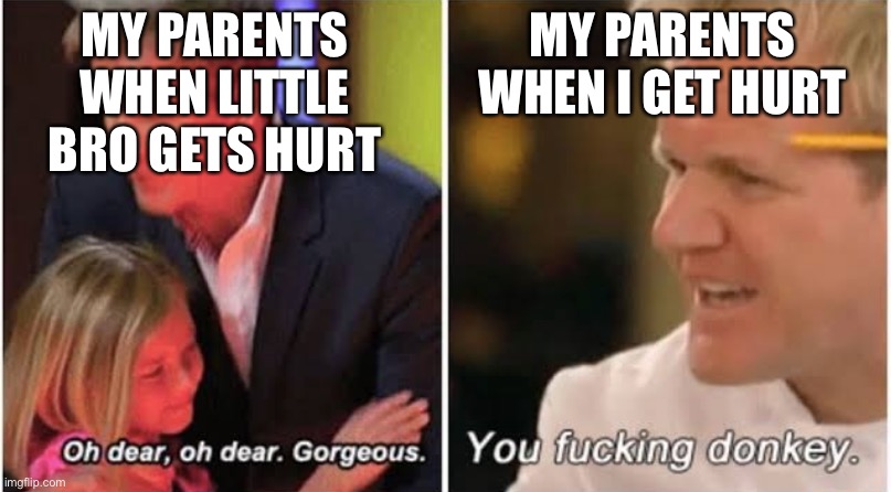 facts |  MY PARENTS WHEN LITTLE BRO GETS HURT; MY PARENTS WHEN I GET HURT | image tagged in gordon ramsay kids vs adults | made w/ Imgflip meme maker