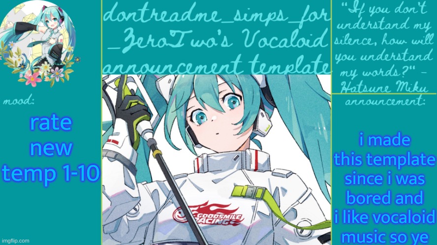 drm's vocaloid announcement temp | i made this template since i was bored and i like vocaloid music so ye; rate new temp 1-10 | image tagged in drm's vocaloid announcement temp | made w/ Imgflip meme maker