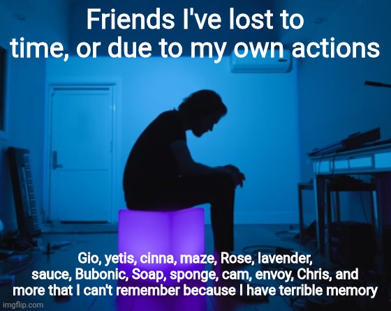 Friends I've lost to time, or due to my own actions; Gio, yetis, cinna, maze, Rose, lavender, sauce, Bubonic, Soap, sponge, cam, envoy, Chris, and more that I can't remember because I have terrible memory | image tagged in bo burnham five years | made w/ Imgflip meme maker