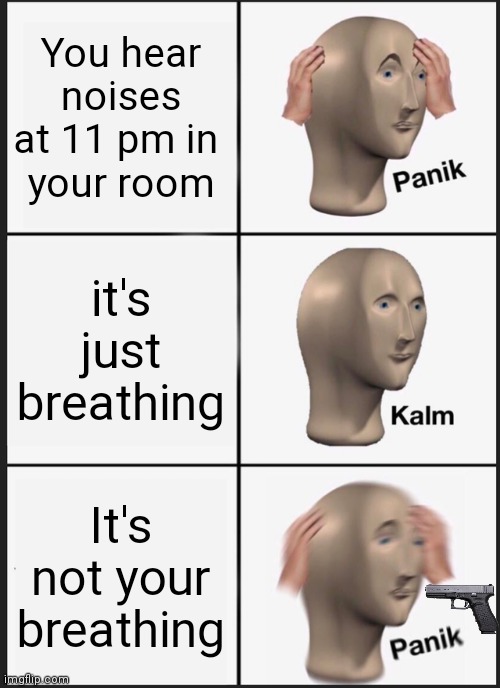 OH GOD WHOS IN MY ROOM | You hear noises at 11 pm in 
your room; it's just breathing; It's not your breathing | image tagged in memes,panik kalm panik | made w/ Imgflip meme maker