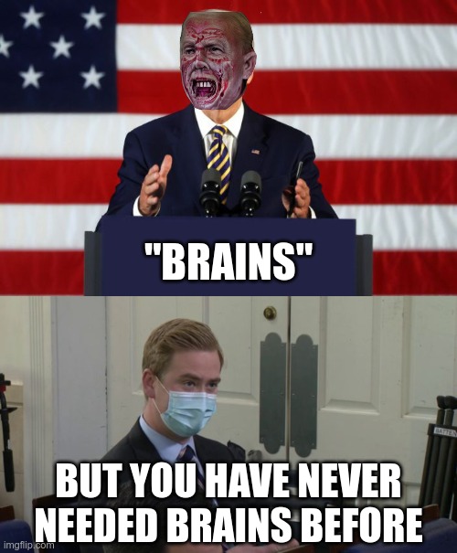 Turns out, Joe just needed some brainpower | "BRAINS"; BUT YOU HAVE NEVER NEEDED BRAINS BEFORE | image tagged in joe biden podium,reporter peter doocy | made w/ Imgflip meme maker