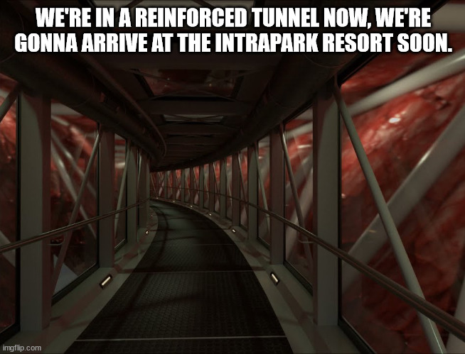 carlos please don't do a cannonball into the gastric sea | WE'RE IN A REINFORCED TUNNEL NOW, WE'RE GONNA ARRIVE AT THE INTRAPARK RESORT SOON. | made w/ Imgflip meme maker