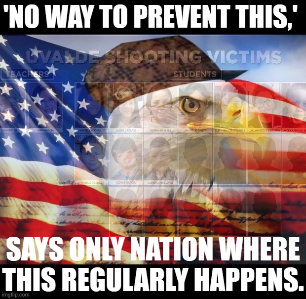 We could stop it. But we won't. | 'NO WAY TO PREVENT THIS,'; SAYS ONLY NATION WHERE THIS REGULARLY HAPPENS. | image tagged in scumbag america,america,mass shootings,mass shooting,school shootings,school shooting | made w/ Imgflip meme maker