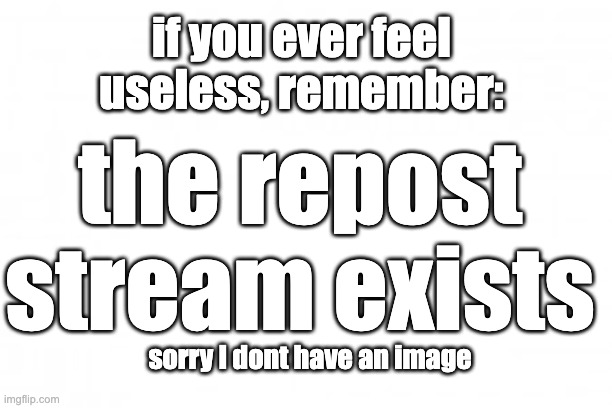 I hate titles | if you ever feel useless, remember:; the repost stream exists; sorry I dont have an image | image tagged in blank background | made w/ Imgflip meme maker
