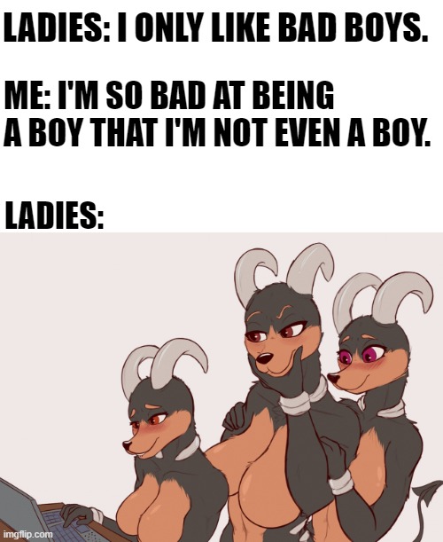 If you get it, You get it, Noice. | LADIES: I ONLY LIKE BAD BOYS. ME: I'M SO BAD AT BEING A BOY THAT I'M NOT EVEN A BOY. LADIES: | image tagged in houndooms,memes,ladies,transgender,lesbian,pokemon | made w/ Imgflip meme maker
